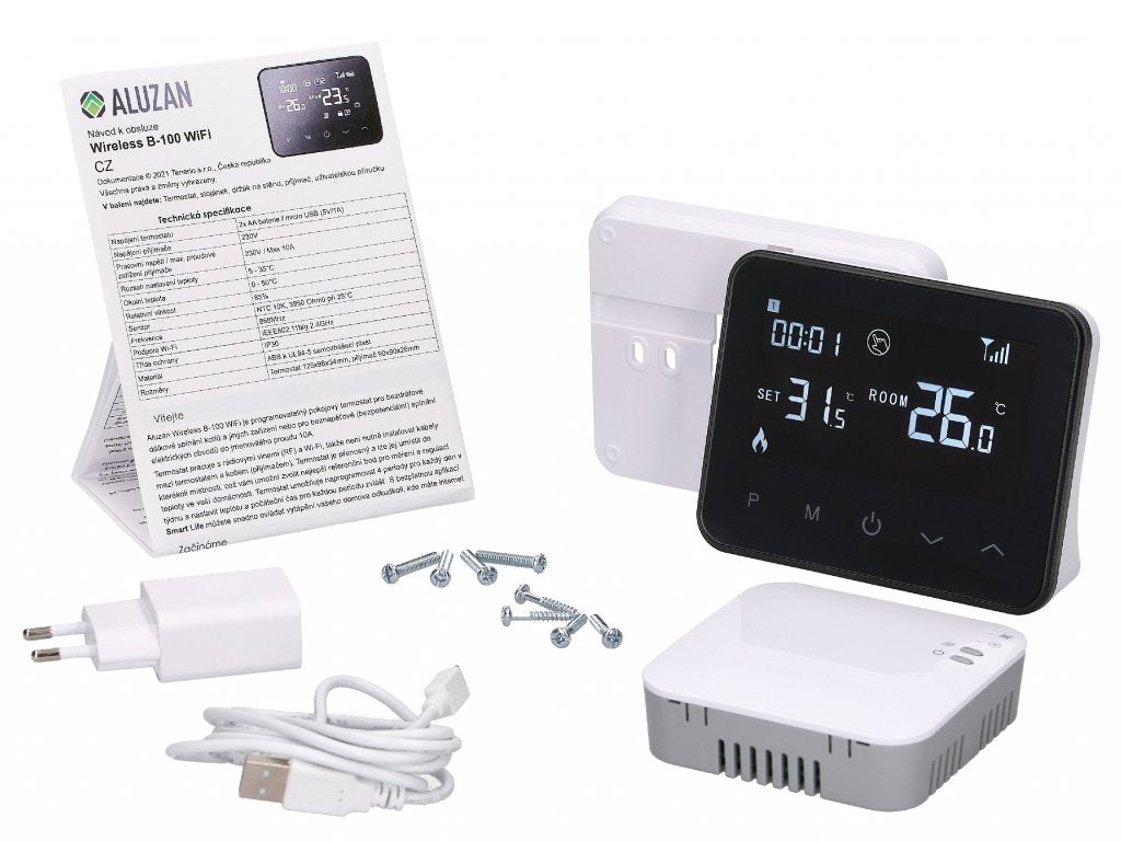 Aluzan Wireless B-100 WiFi, kabelloser programmierbarer Raumthermostat zum potentialfreien Schalten von Heizkesseln oder Elektroheizungen bis 10A