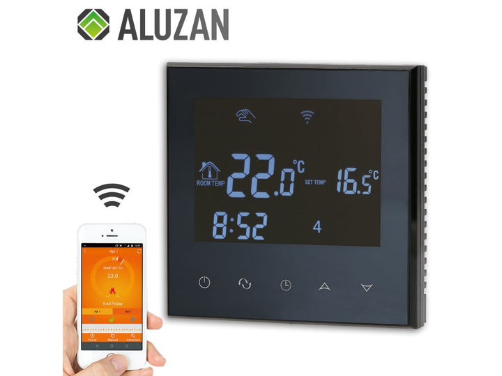 Aluzan Class E-16 WiFi, programmierbarer Raumthermostat zum Schalten von Elektroheizungen bis zu 16A, fernsteuerbar über Android- oder iOS-App