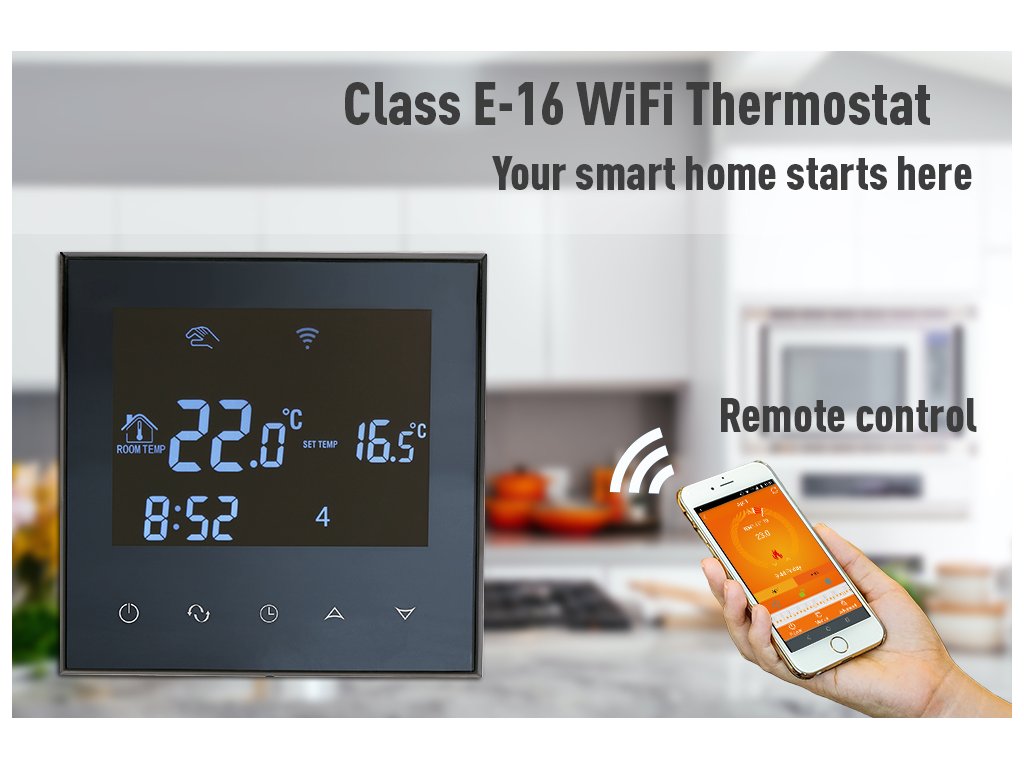 Aluzan Class E-16 WiFi, programmierbarer Raumthermostat zum Schalten von Elektroheizungen bis zu 16A, fernsteuerbar über Android- oder iOS-App