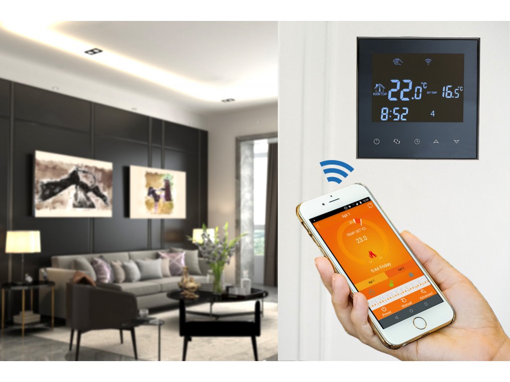 Aluzan Class E-16 WiFi, programmierbarer Raumthermostat zum Schalten von Elektroheizungen bis zu 16A, fernsteuerbar über Android- oder iOS-App