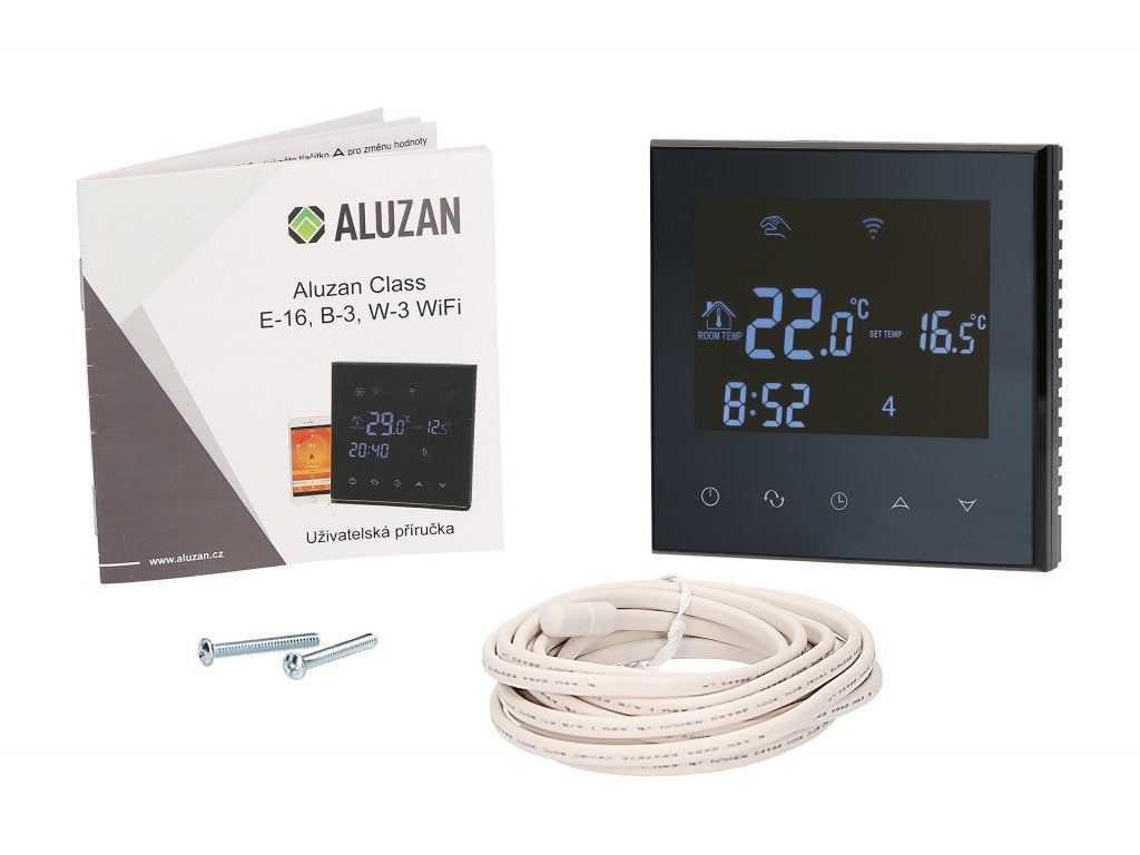 Aluzan Class E-16 WiFi, programmierbarer Raumthermostat zum Schalten von Elektroheizungen bis zu 16A, fernsteuerbar über Android- oder iOS-App