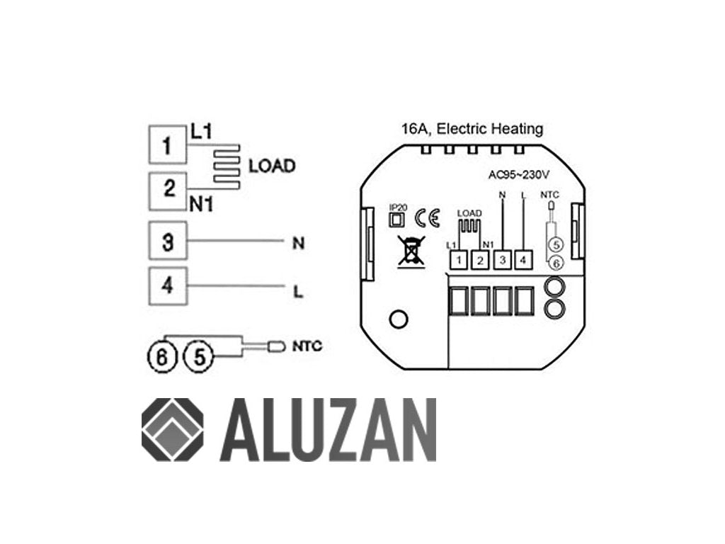 Aluzan Class E-16 WiFi, programmierbarer Raumthermostat zum Schalten von Elektroheizungen bis zu 16A, fernsteuerbar über Android- oder iOS-App