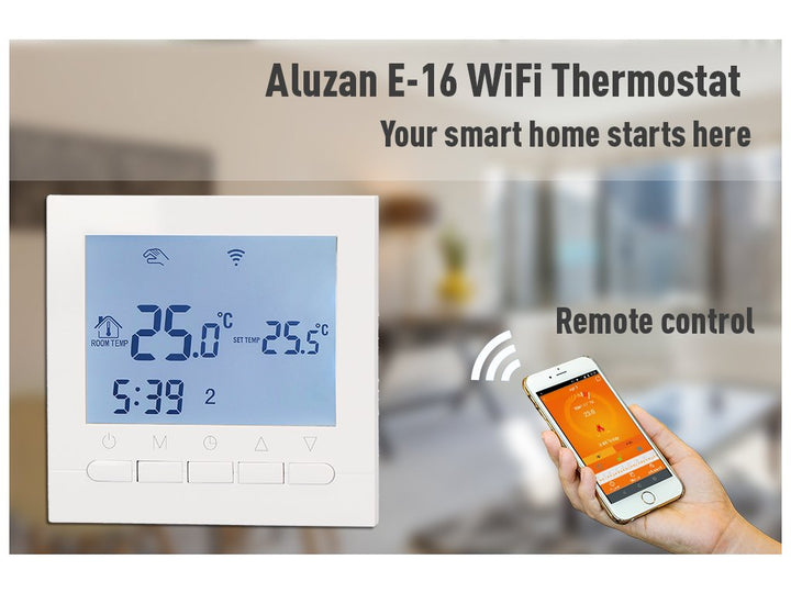 Aluzan E-16 WiFi, programmierbarer Raumthermostat zum Schalten von Elektroheizungen bis zu 16A, fernsteuerbar über Android- oder iOS-App